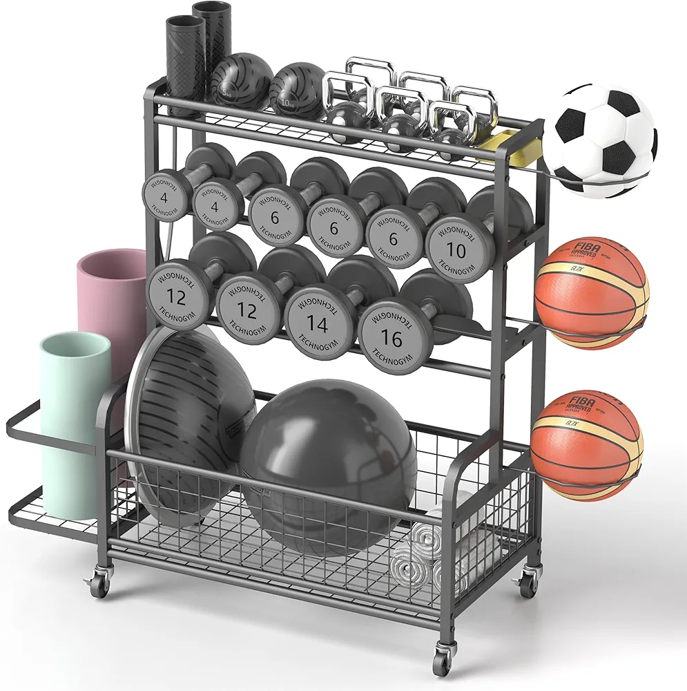JOIN IRON Home Gym Storage Rack For Dumbbells, Yoga Mats, Kettlebells And Strength Training Equipment, Basketball Storage Rack With Wheels And Hooks