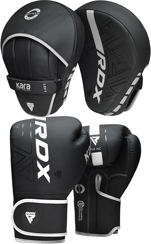 RDX Boxing Pads and Gloves Set, Maya Hide Leather Kara Hook and Jab Curved Focus Mitts with Punching Gloves for MMA, Muay Thai, Kickboxing Coaching, Martial Arts