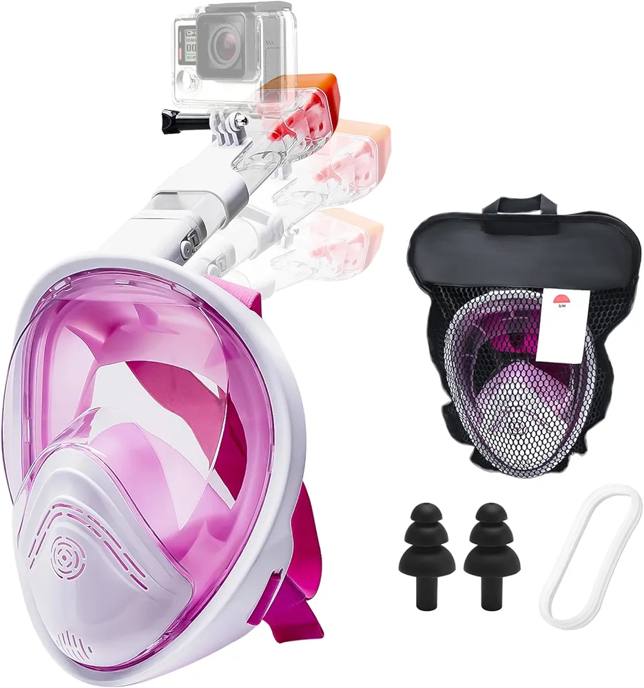 Full Face Snorkel Mask, Pink Underwater Snorkel Mask, Whole Face Dive Mask Adult & Kids - 180°Panoramic View Snorkeling Mask with Camera Mount, Anti-Fog Anti-Leak Dry Top System