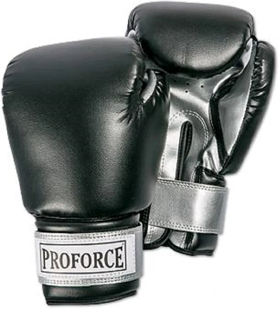 Pro Force Leatherette Boxing Gloves with White Palm (Black/Silver, 12 oz.)