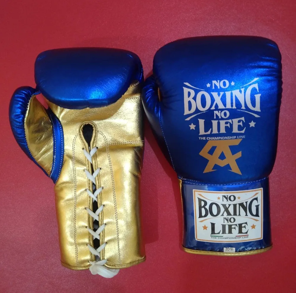 No Boxing No Life Boxing Gloves Custom Made with Cowhide Skin Blue and Gold with CA Print