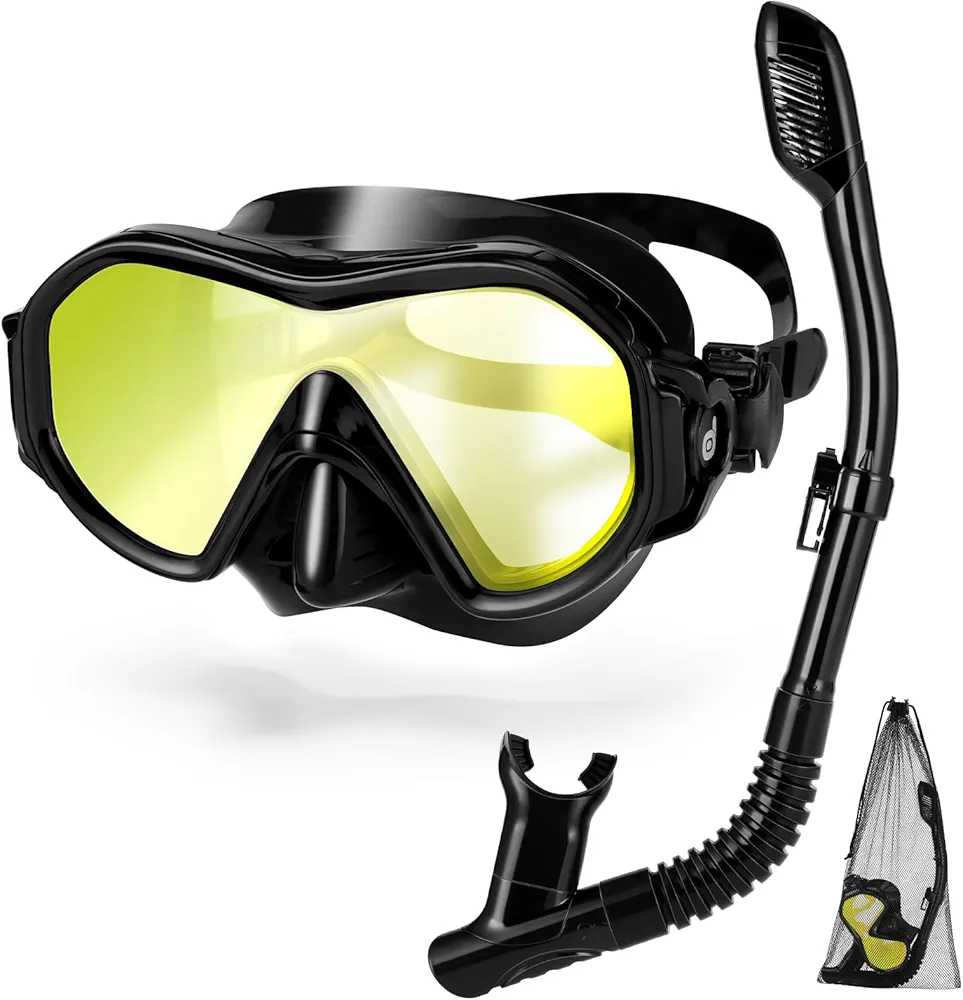 Odoland Snorkel Mask, Dry Top Snorkeling Mask, Anti-Leak Anti-Fog Tempered Glass Diving Mask for Adult Snorkeling