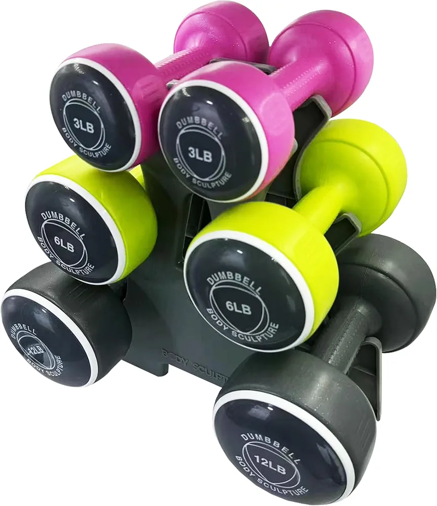 Body Sculpture hand weights set Free‑Weight Dumbbell Set with Rack Set includes 3, 6 and 12 lb weights ideal for men and women for small and large muscle groups