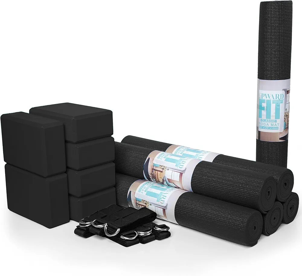 18-Pack Classic Yoga Kit, 6 Non Slip Yoga Mats (68" x 24" x 4mm), 6 Yoga Blocks (3" x 6" x 9"), and 6 6ft D-Ring Yoga Straps, Yoga Accessories for Schools and Studios