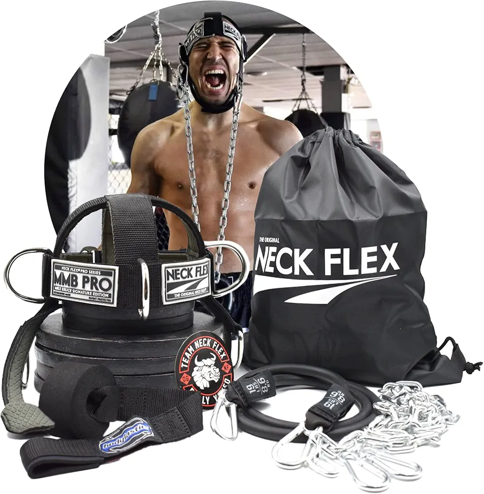 Neck Exerciser, Neck Muscle Trainer Kit for Men & Women, Neck Harness Weightlifting Set (MMB Pro Series + Revolver Rotation Attachment for Neck Trainer)