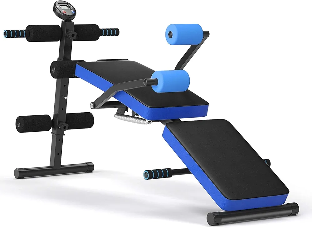 RIVALLYCOOL 6 in 1 Sit up Bench, Adjustable & Foldable Utility Weight Bench w/LCD Monitor, Decline/Incline Ab Training Bench for Home, Gym & Office (Blue)