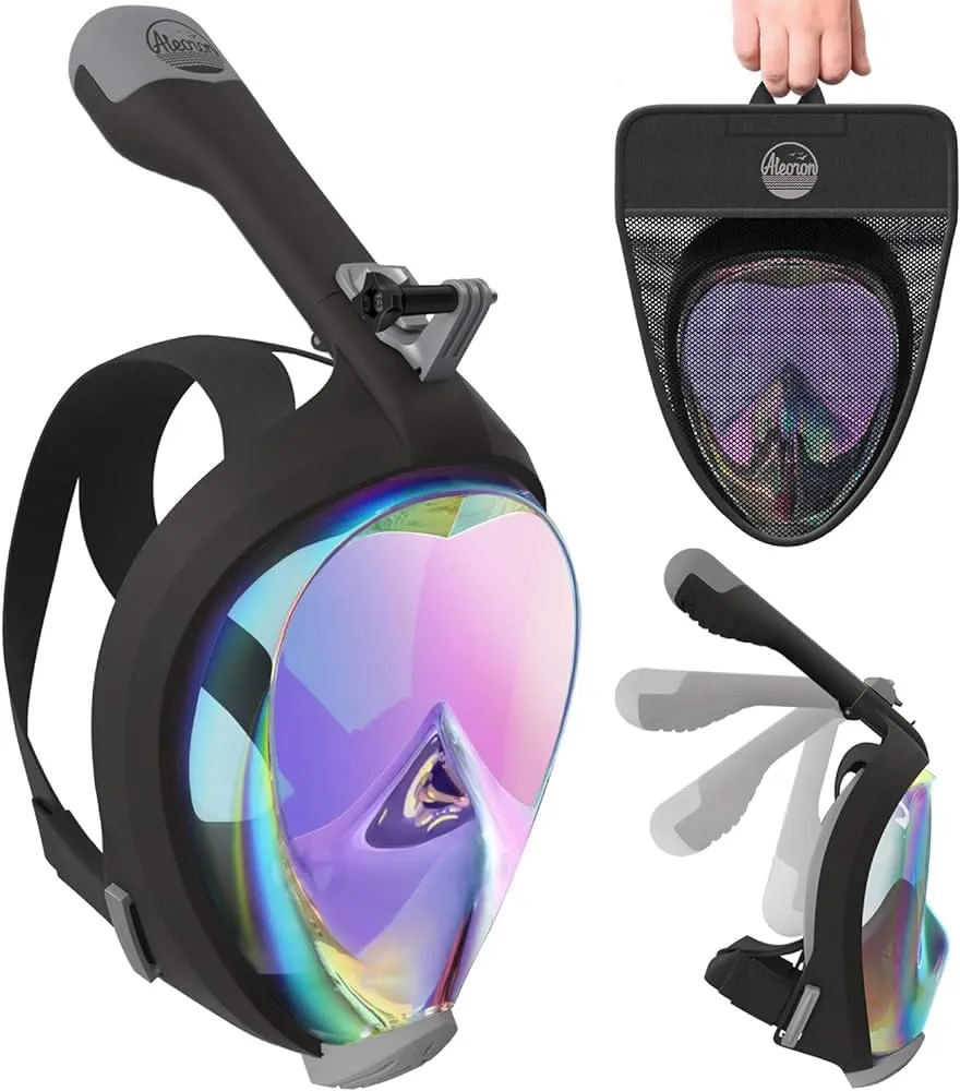 Foldable Full Face Snorkel Mask for Adults and Youth (Women & Men) - Anti Fog Snorkeling Mask Full Face with Action Camera
