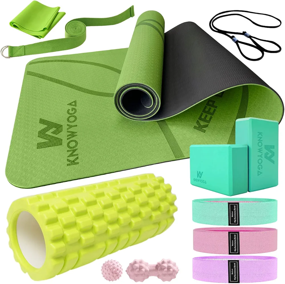 Yoga Starter Kit 12 in 1 - Yoga Set Include Yoga Mat, Foam Roller, 4 Resistance Bands, Yoga Blocks 2 Pack with Strap, 2 Peanut Massage Balls, Yoga kit and Sets for Beginners