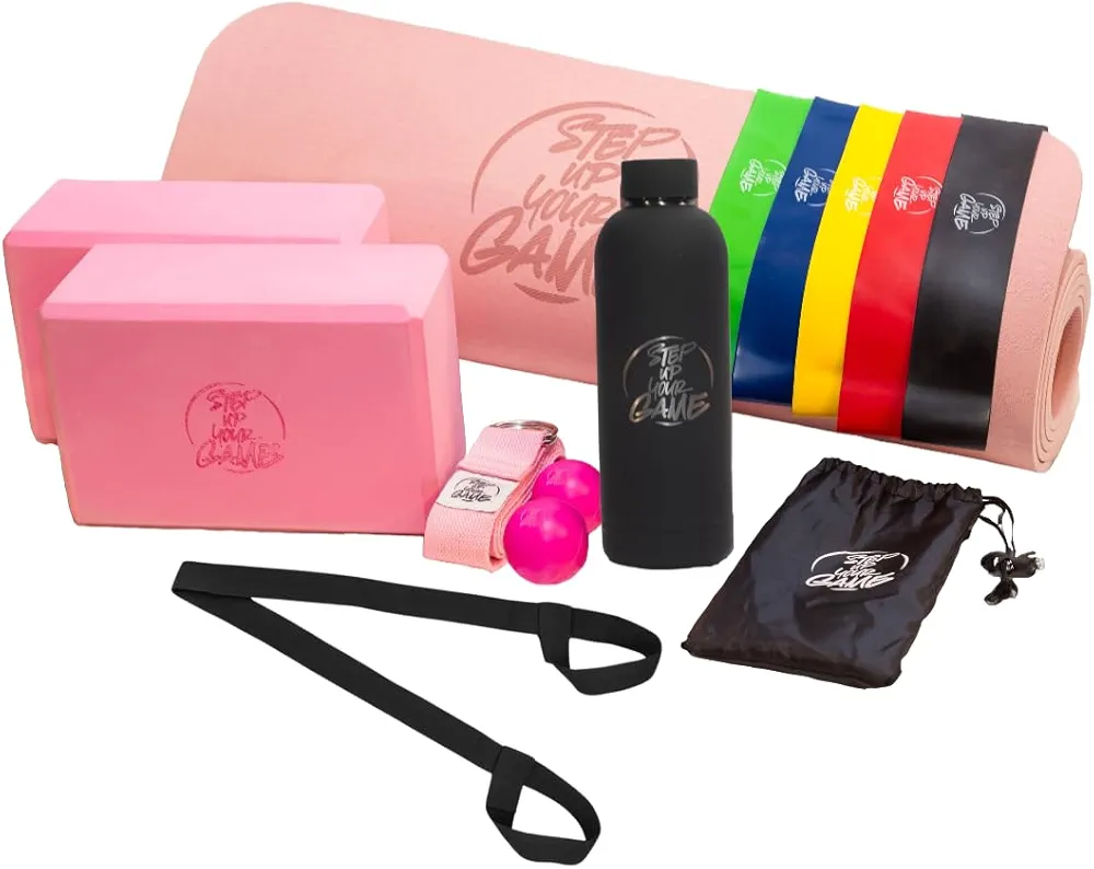 12 Piece Yoga Mat Set for Any Level - Includes 1 TPE Mat, 2 Foam Blocks, 1 Stainless Steel Water Bottle, 1 D Ring Stretch Strap, 2 Massage Balls and 5 Resistance Bands (Pink)