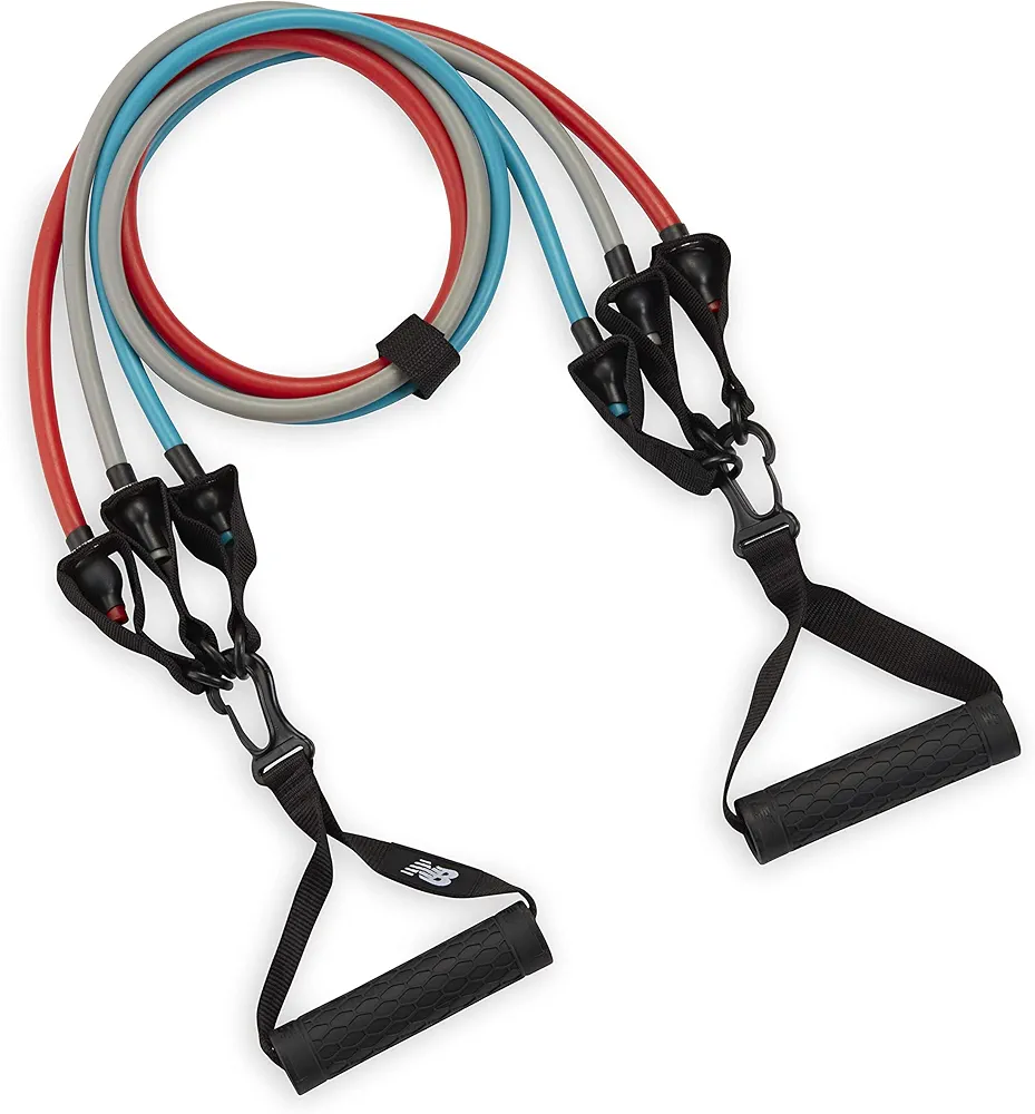 New Balance Resistance Band with Handles | 3-in-1 Exercise Cord Kit Interchangeable Cables (Light, Medium, Heavy) - Comfort Grip Foam Handles