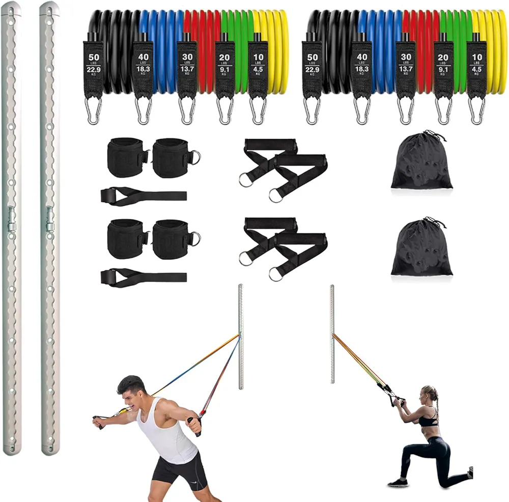 Adjustable Resistance Band Wall Anchor - Space Saver Gym Resistance Bands Anchor Exercise Equipment with Rails, Cars and 10-150LBS Exercise Bands Set