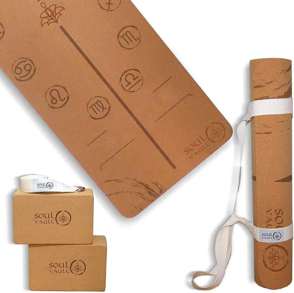 Eco-Friendly Cork Yoga Mat with Non-Slip TPE, 2 Cork Blocks & Stretch Strap - Premium Yoga Set with Zodiac Design for Stability & Flexibility
