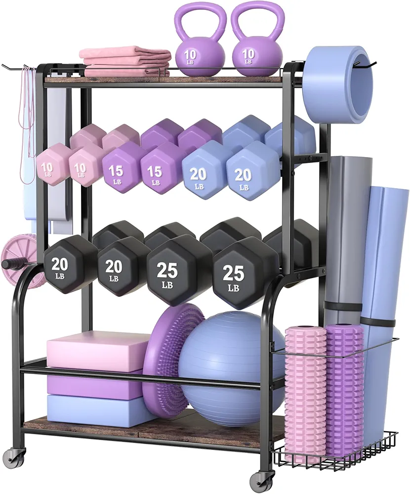 Dumbbell Rack Weight Rack - Yoga Mat Storage Rack - Kettlebell Rack Dumbbell Stand for Home Gym Dumbbells Kettlebells Yoga Mats Foam Roller Bands.