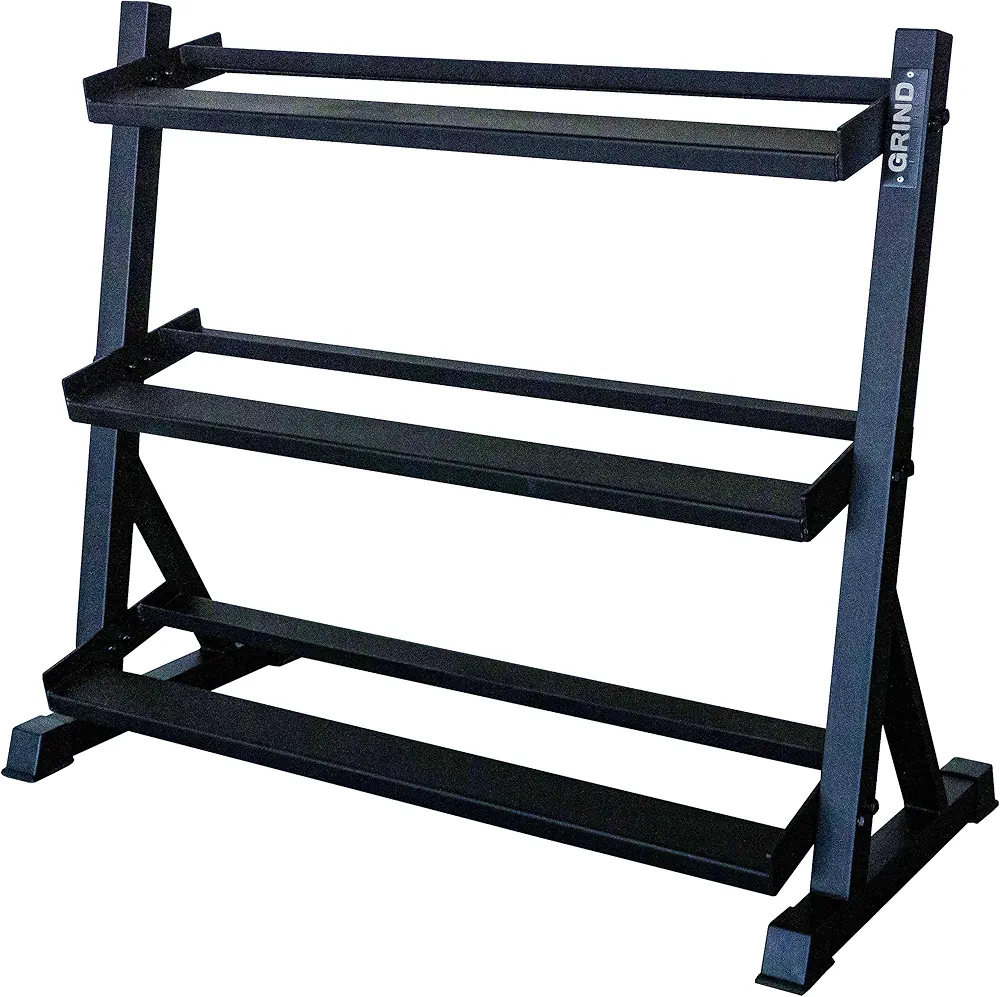 GRIND Fitness 3 Tier Shelf Dumbbell Weight Rack, Multilevel 5lb - 55lb Dumb Bell Storage Stand Home Gym DB Organizer Heavy Duty Steel Holder