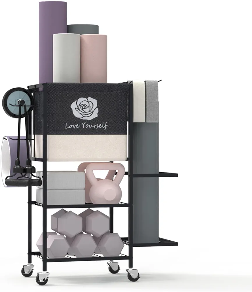 Yoga Mat Storage Rack，Home Gym Storage Rack Gym Workout Equipment Storage Organizer Fitness Weight Rack on Wheels for Yoga Mat,Yoga Block,Foam Roller,Resistance Band,Dumbbell,Kettlebell and Other Workout Accessories