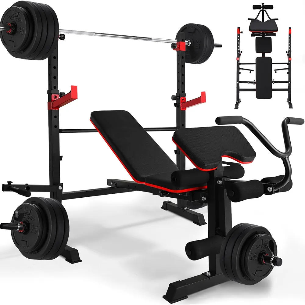 Arlopu 900LBS 6-in-1 Adjustable Weight Bench Set W/Leg Extension and Preacher Curl, Multi-Function, Olympic Foldable Bench Press Set W/2" Pegs and 40‘’ Squat Rack, Flat Exercise Workout for Home Gym