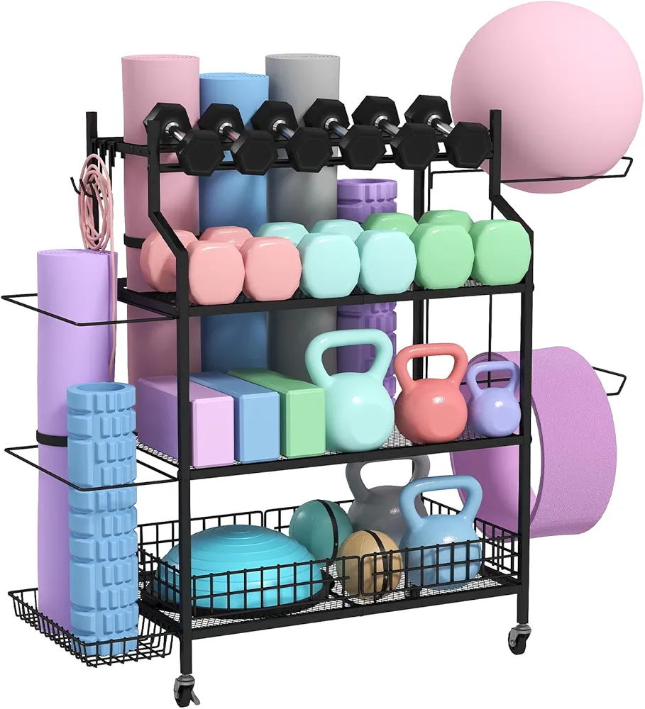 Hadulcet Dumbbell Rack, Heavy Duty Weight Rack for Dumbbells, Home Gym Storage Rack for Yoga Mat, Kettlebell & Balls, Adjustable Exercise Equipment with Lockable Wheels, Yoga Ball Stand