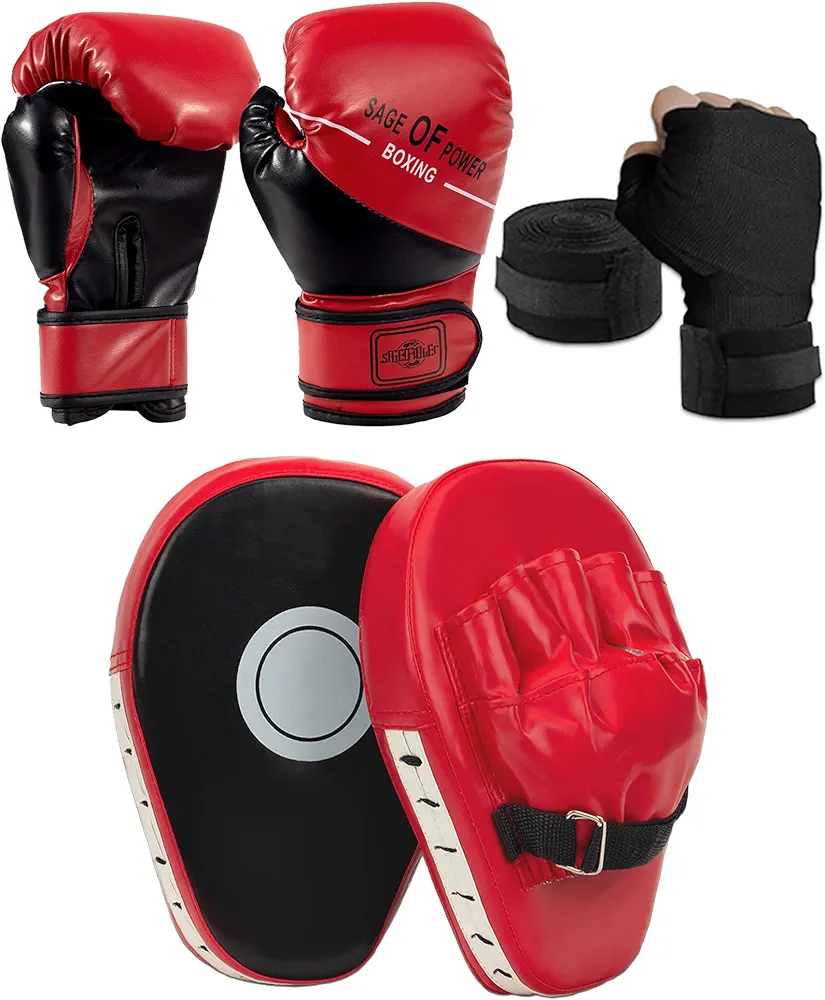 3-in-1 Boxing Gloves and Punching Mitts Set for Kids, Sports Boxing Gloves Boxing Pads with Hand Wraps, Kids Boxing Equipment Set for MMA, Karate, Muay Thai, Taekwondo