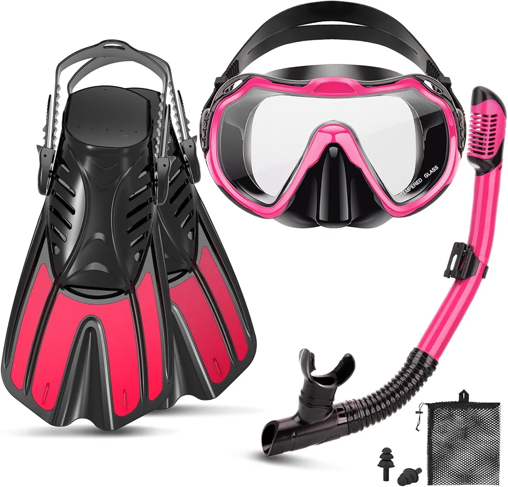 Snorkeling Gear for Adults, 4 in 1 Travel Size Mask Fins Snorkel Set with Panoramic View Anti Fog Mask, Dry Top Snorkel, Trek Fins and Travel Bag, Snorkel Gear for Swimming Diving Snorkeling