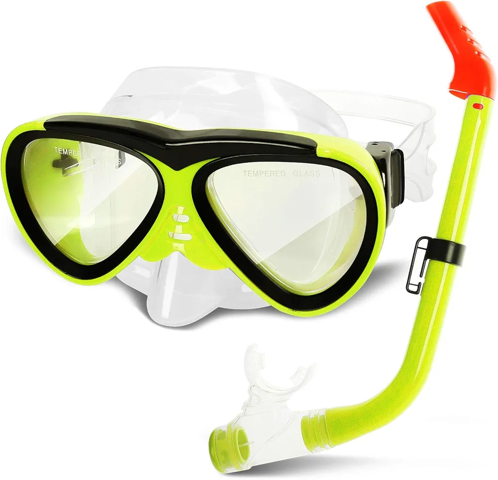 Kids Snorkel Set, Anti-Fog Snorkeling Mask with Nose Covers for Youth Junior Child, Boys & Girls Age 5-12, Semi-Dry Diving Scuba Swimming Goggles Gear Packages