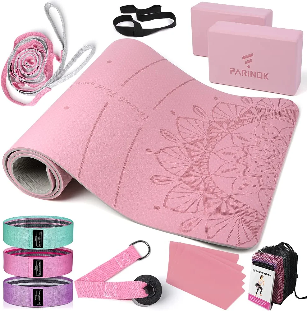 1/3 Yoga Mat Thick, Yoga Set for Beginners Include High Density Yoga Mat with Multi-loops Yoga Strap, Yoga Blocks, Booty Resistance Band Set, Door Anchor, Carring Bag & Strap
