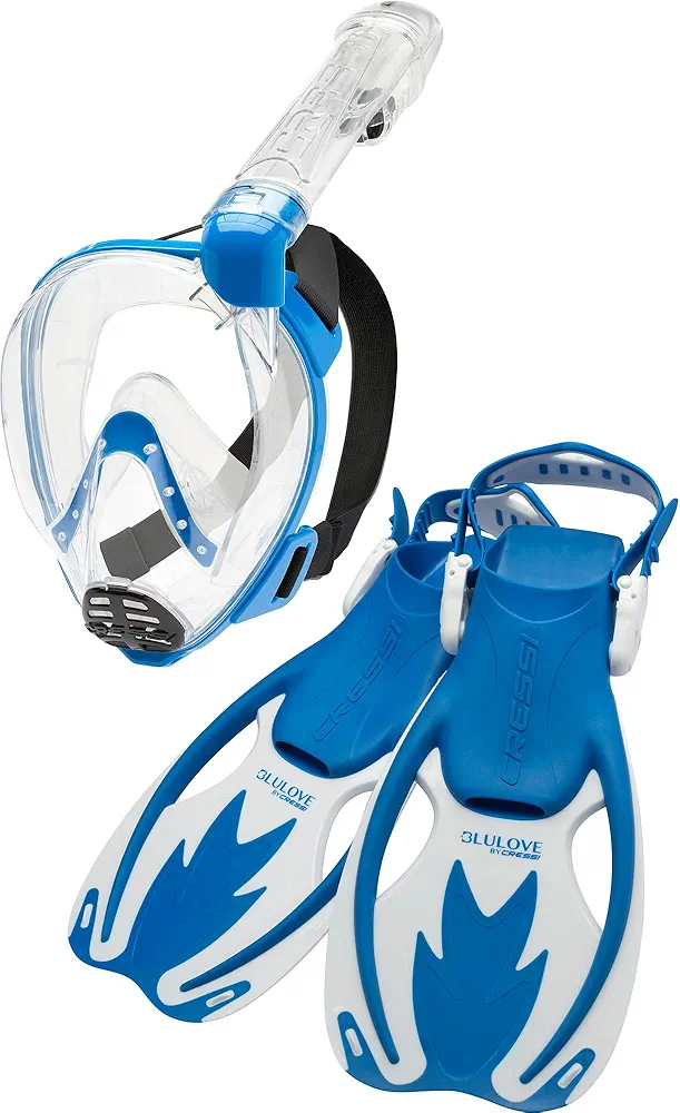 Cressi Junior Snorkeling Kit for Kids Aged 5 to 15 - Full Face Mask + Adjustable Fins + Lightweight Colorful Equipment - Baron Jr & Rocks Set: Made in Italy