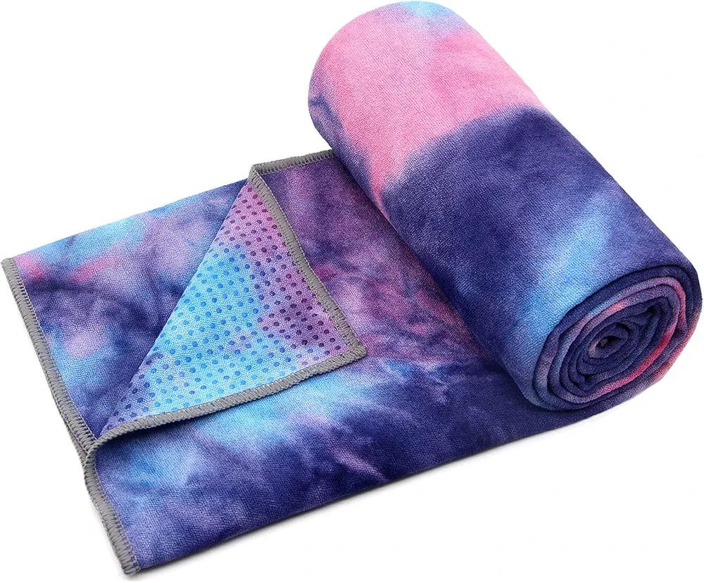 Yoga Towel,Hot Yoga Mat Towel with Grip Dots Sweat Absorbent Non-Slip for Hot Yoga, Pilates and Workout 24" x72", Purple & Blue