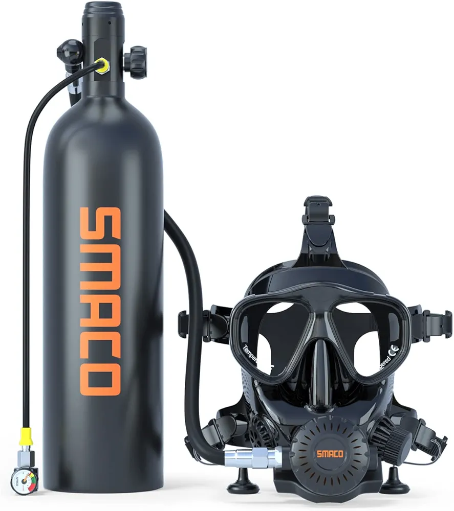 SMACO Mini Scuba Tank with Full Face Diving Mask,S700 1.9L Portable Mini Diving Tank Reusable Pony Bottle up to 30 Minutes Dive Time Diving Cylinder for Underwater Exploration Rescue