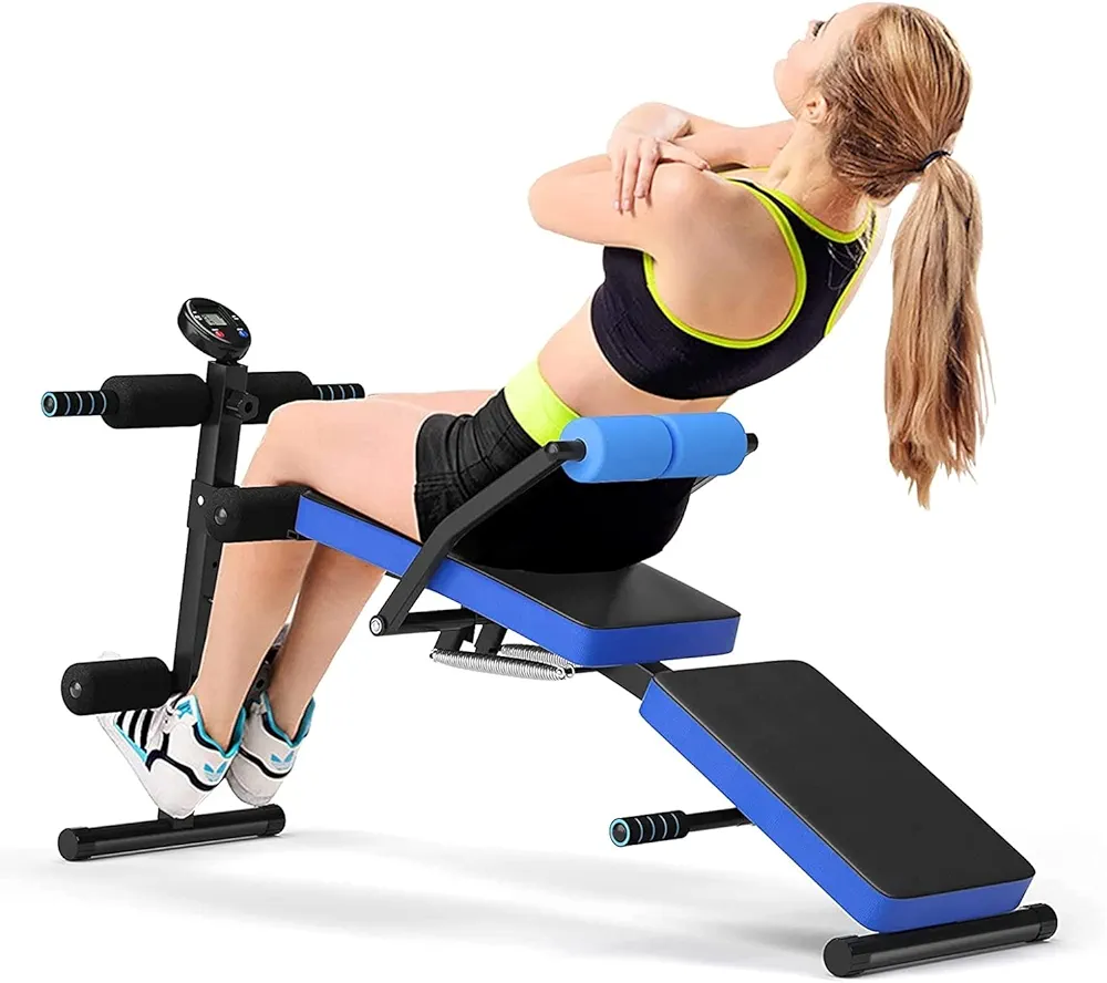 Multi-function Sit Up Bench, Adjustable Weight Bench with 5 Positions, Smart LCD Monitor, Heavy-duty Steel Frame, Foldable Workout Bench for Home Gym Fitness & Strength Training (Blue and Black)