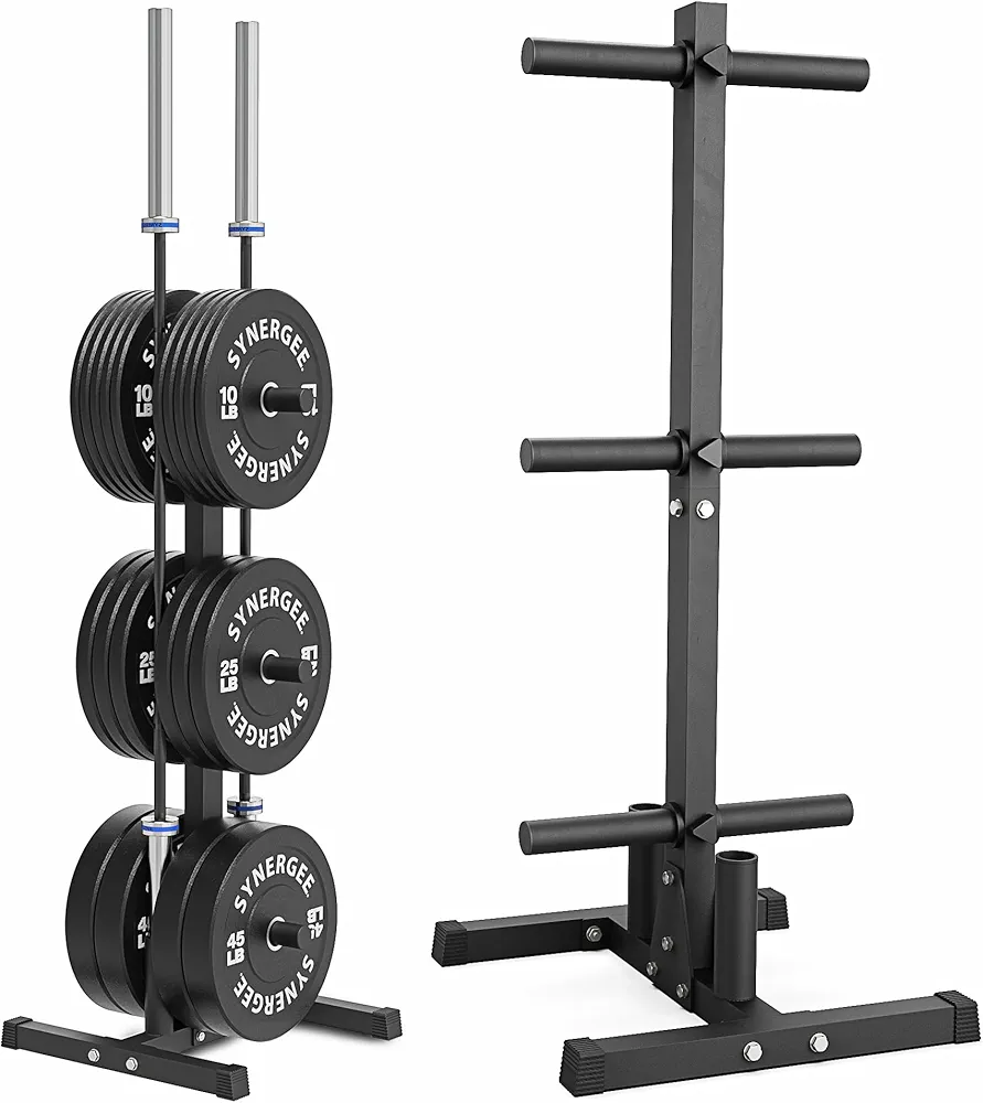 Synergee Olympic Weight Plate Tree Rack & Barbell Holder – Vertical Weight Rack for Gym Storage Home, Garage & Commercial