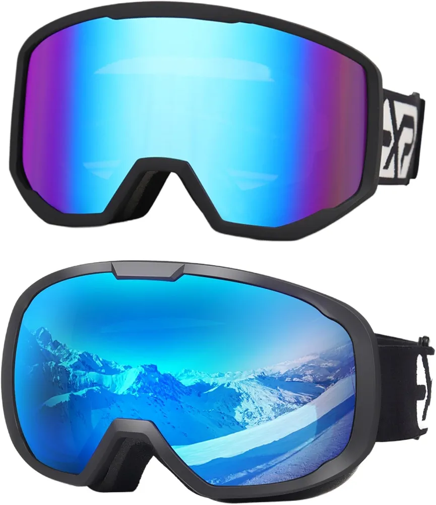 2pcs Ski Goggles Snowboard Goggles for Men Women Adults Youth,Over Glasses OTG/100% UV Protection/Anti-fog/Wide Vision