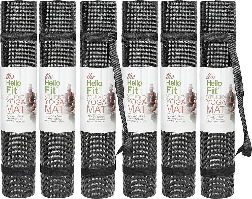 Hello Fit Studio Thick Yoga Mat With Carrying Strap, 6 or 12 Pack, 72" x 24" Wide 5mm Thick Exercise Mat, Bulk Yoga Mats for Schools, Studios, or Gyms, Non Slip Fitness Mat