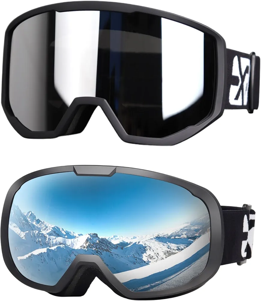 2pcs Ski Goggles Snowboard Goggles for Men Women Adults Youth,Over Glasses OTG/100% UV Protection/Anti-fog/Wide Vision