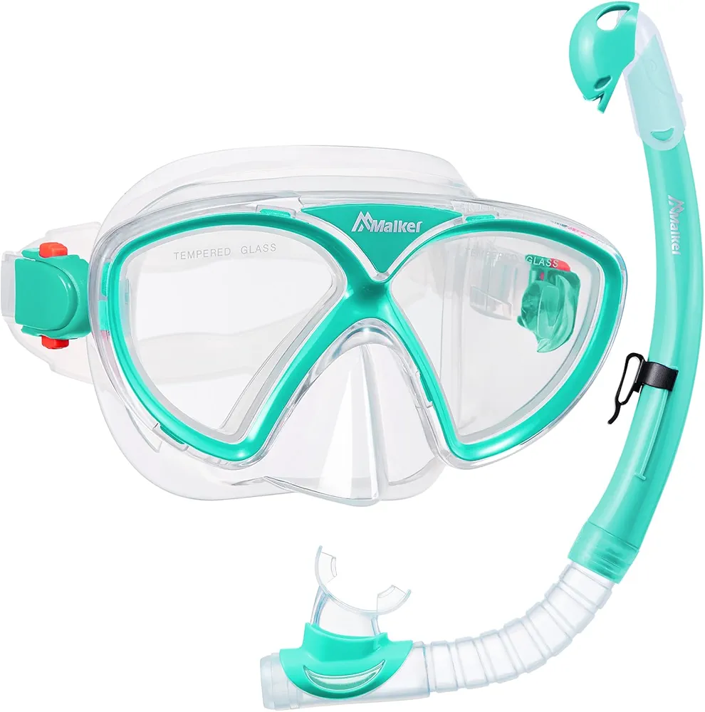 Malker Kids Snorkeling Set Snorkel Mask Dry Top Snorkeling Gear Anti-Fog Diving Mask Tempered Glass with Mesh Bag for Kids Youth