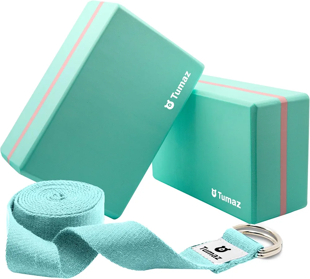Tumaz Yoga Blocks 2 Pack with Strap Set, High Density/Lightweight EVA Foam Yoga Blocks or Non-Slip Solid Natural Cork Yoga Blocks & Premium 8F Yoga Strap Set for Yogi [Instruction E-Book Included]