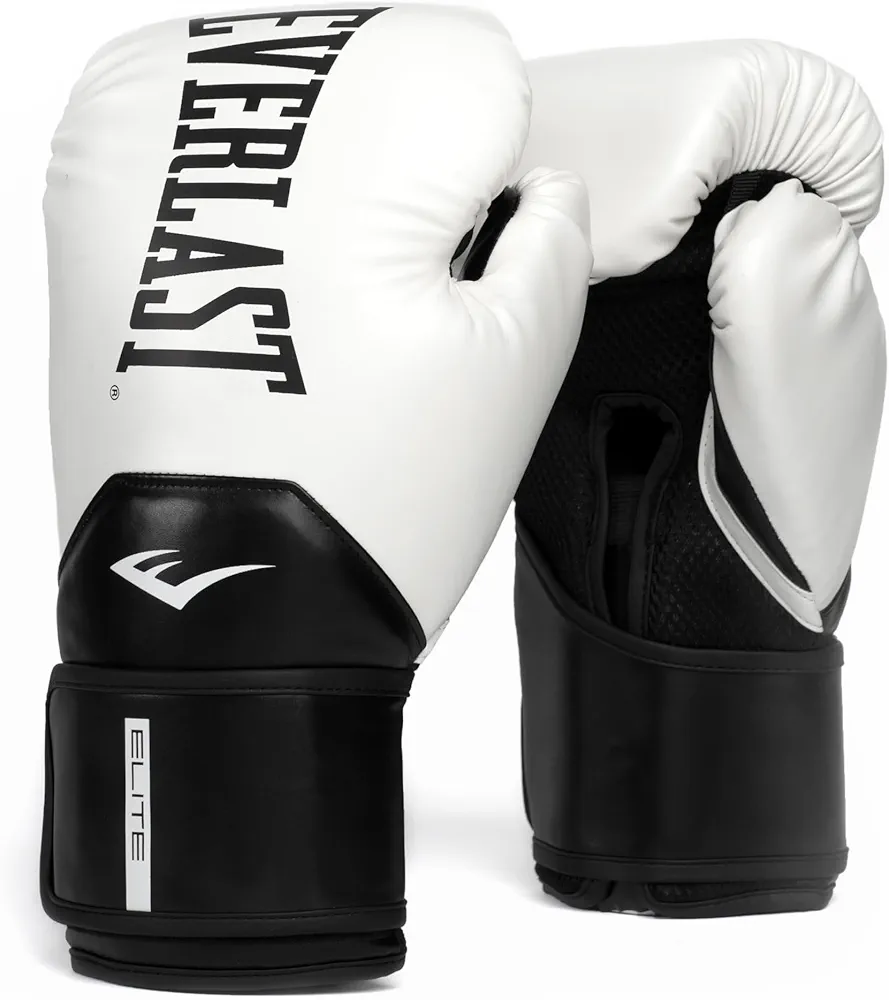 Everlast Elite 2 Boxing Gloves, Pro Training Gloves for Men and Women, Secure Fit Hook and Loop Closure & Ventilation, Heavy Bag & Speedbag Training (16oz, White/Black)
