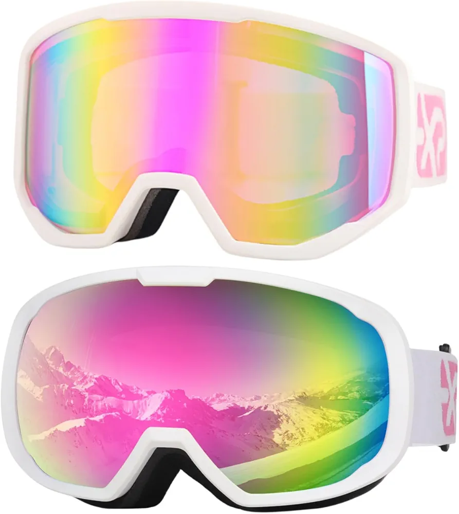2pcs Ski Goggles Pink Snowboard Goggles for Women Adults Youth,Over Glasses OTG/100% UV Protection/Anti-fog/Wide Vision