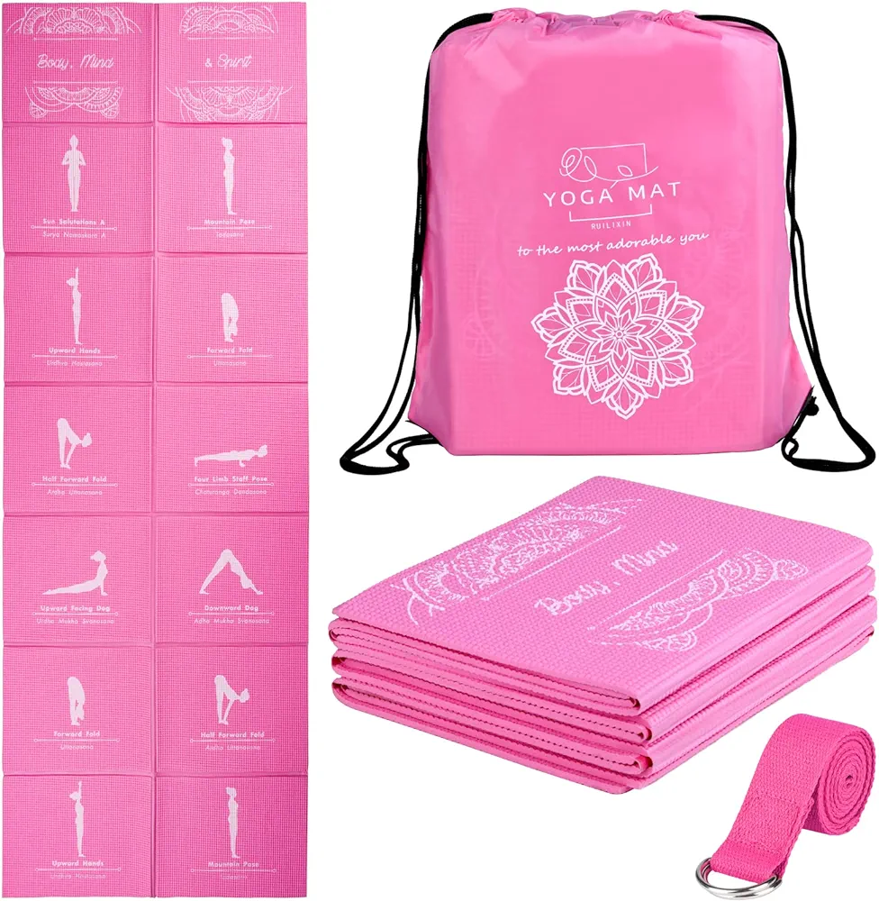 Foldable Yoga Mat for Women, Non Slip Exercise Mat for Home Gym, 5mm Travel Yoga Mats Set With Stretch Strap for Yoga Pilates and Fitness, 68"L x 24"W x 0.2 Inch Thick