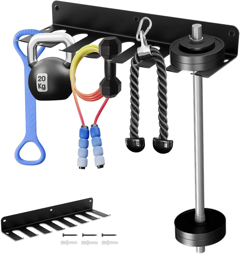 Gym Equipment Storage Rack, Barbell Holder 7 Slots Multi-Purpose Home Gym Organization Storage Wall Mount for Resistance Bands, Jump Ropes, Lifting Belt, Chains, Dumbbell