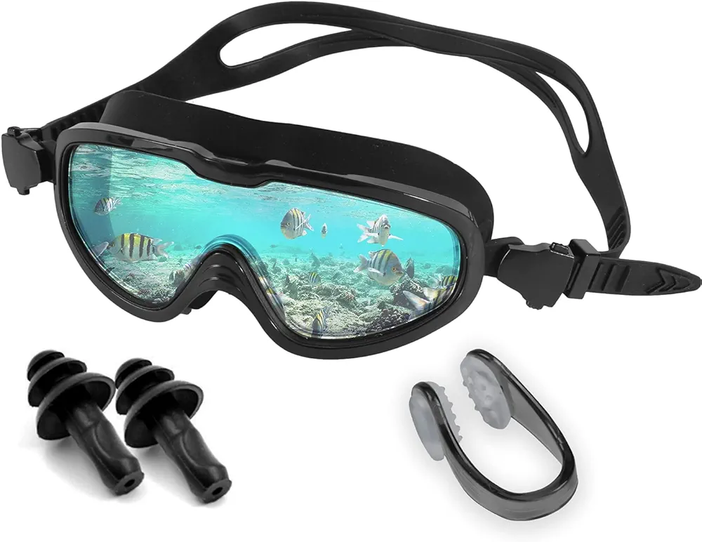 Swim Diving Snorkel Mask with Nose Clips & Earplugs, Snorkel Mask Adult Dry Top, Professional Snorkeling Mask 180 Panoramic View Anti-Fog UV Anti-Leak Suitable for Adult Swimming