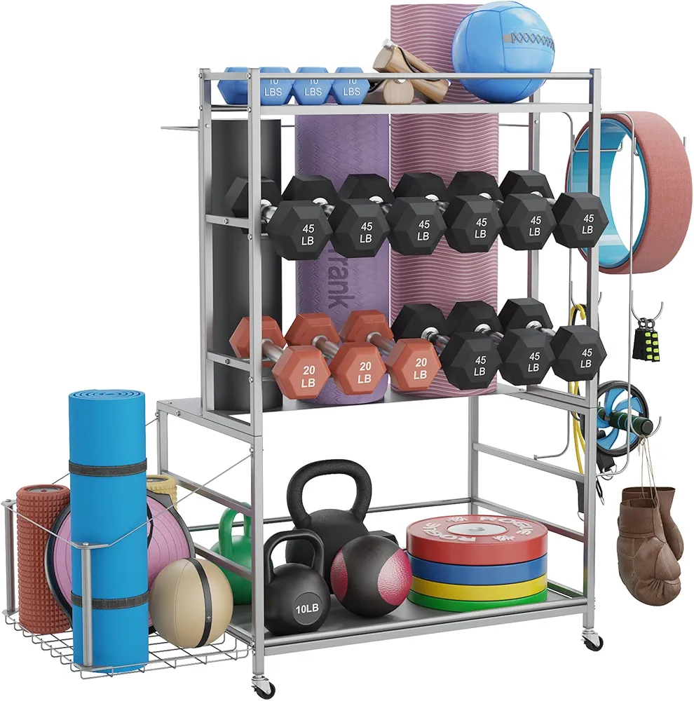 700LBS Dumbbell Rack,5 Tier Weight Rack for Dumbbells,Home Gym Storage Rack for Dumbbells Kettlebells Yoga Mat and Foam Roller, All in One Heavy Duty Weight Organizer with Wheels and Hooks