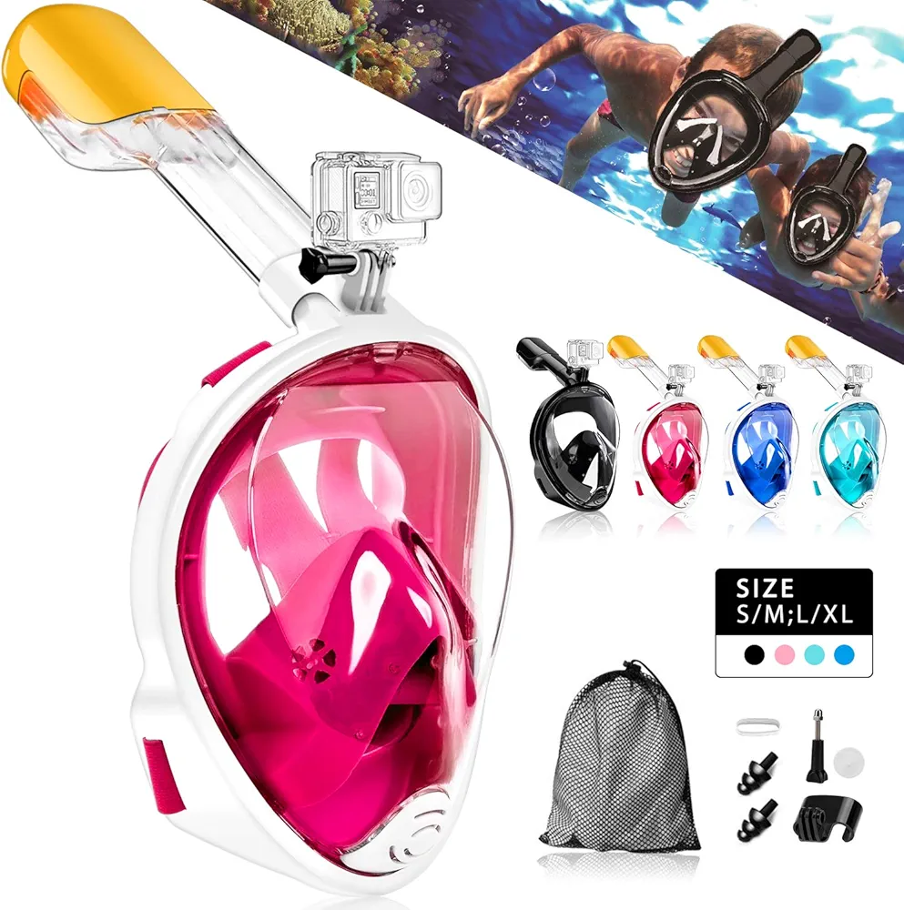 180°Full Face Snorkel Mask,Free Breathing Design with Detachable Camera Mount Anti-Fogging Anti-Leak with Adjustable Head Straps Professional Snorkeling Set to Adults Youths