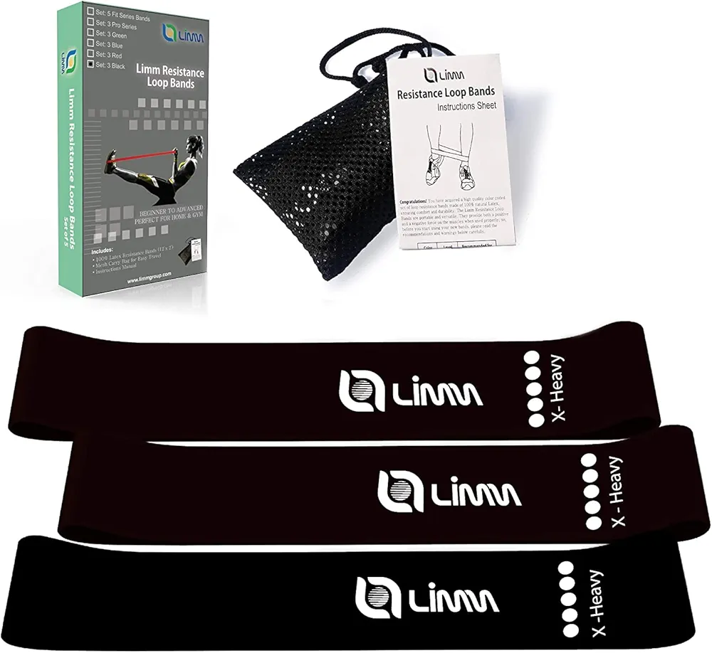 Limm Resistance Loop Exercise Bands - Set of 3 Bands for Working Out with Instruction Guide & Carry Bag - Mini Resistance Bands for Home Workouts, 12" x 2"