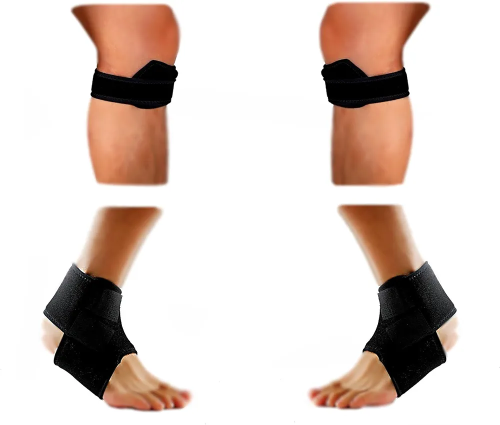 2 Runner's Knee Straps and 2 Ankle Straps (ST10) for Home, Gym, Fitness, Sports, and Weight Lifting
