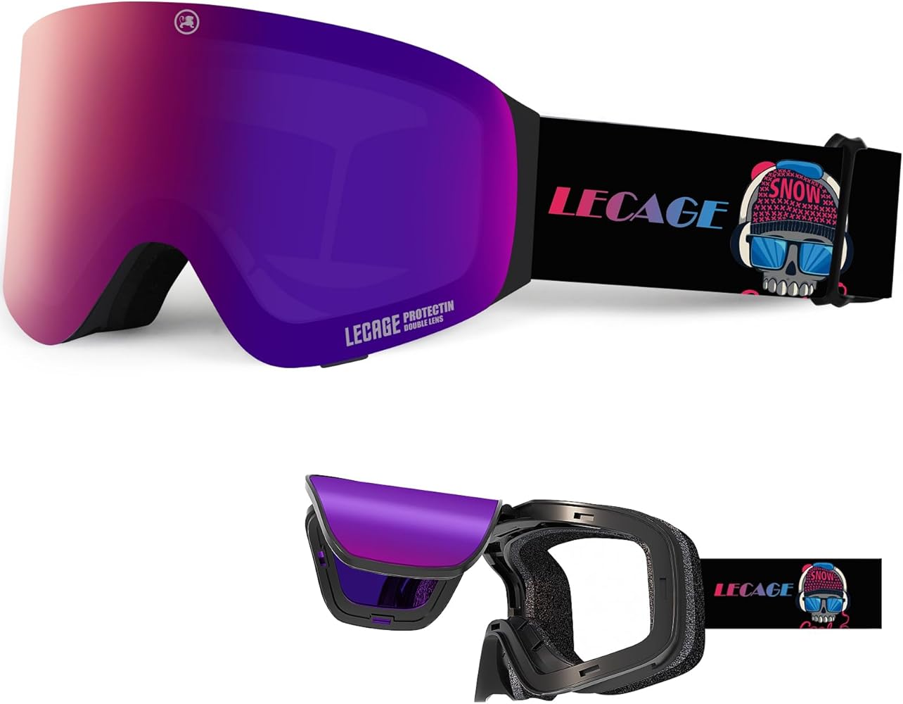 Frameless Flip-Up Ski Goggles, with Magnetic Interchangeable Lens, Snowboard Anti Fog UV Protection, for Men Women