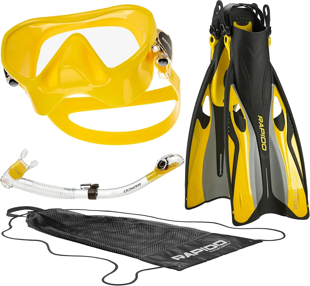 Italian Design Premium Tempered Glass Lens Anti-Fog Panoramic View Frameless Snorkel Mask, Elite Dry Snorkel Tube, Adjustable Fins - Mask Fin Snorkel Set