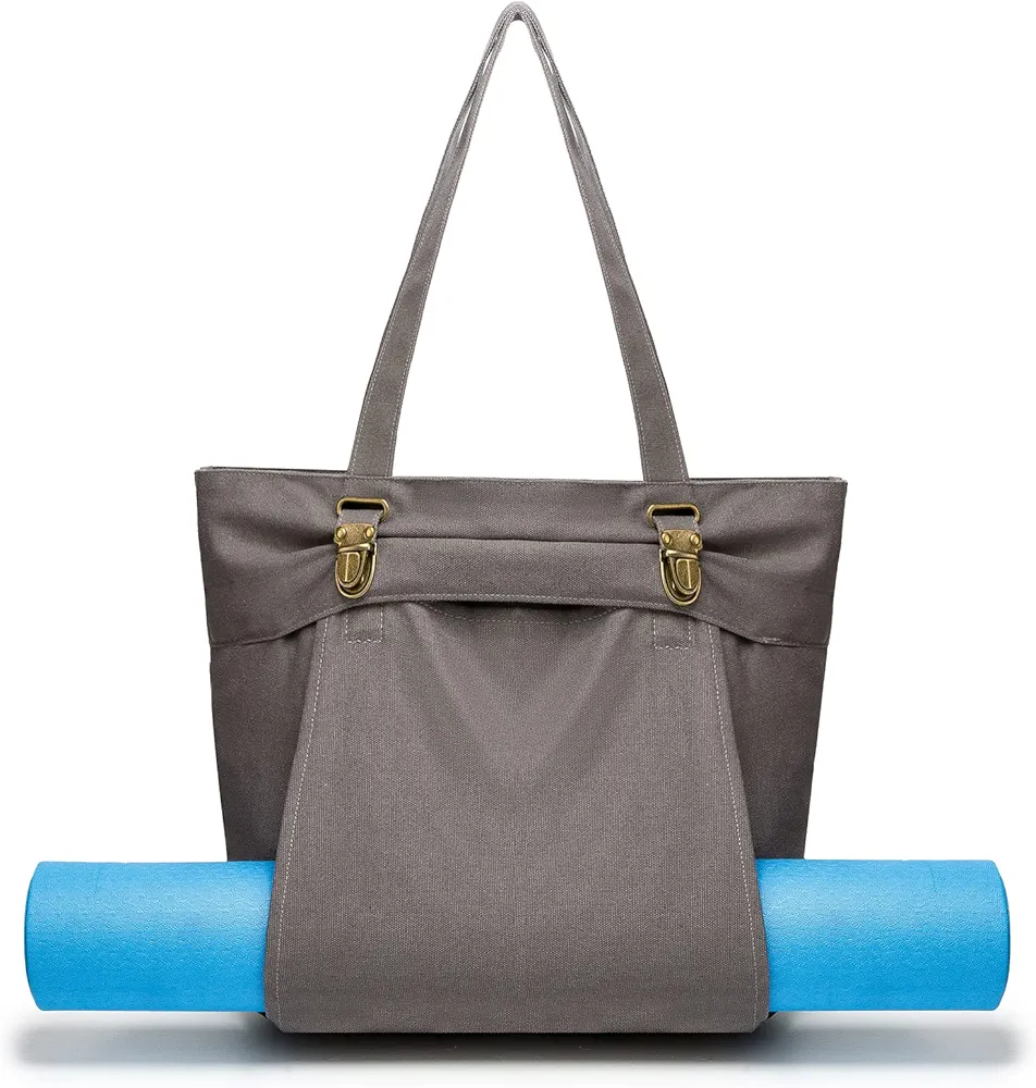 KUAK Yoga Mat Bag with Adjustable Yoga Mat Carrier Pocket, Canvas Tote Bags, Carryall Shoulder Bag for Women Workout Pilates Office Workout Travel Gym