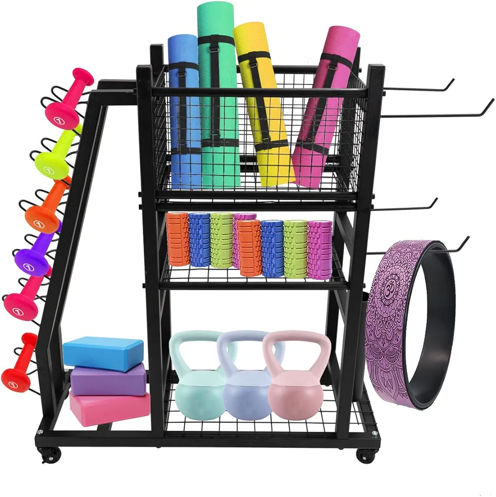 Weight Rack for Dumbbells, Dumbbell Rack Weight Stand Home Gym Storage Rack for Yoga Mat, Dumbbells, Kettlebells, All in One Workout Storage with Wheels and Hooks