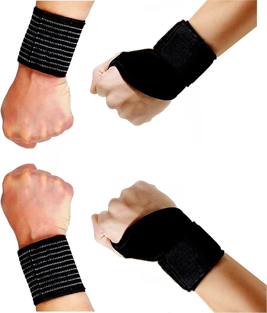 2 Elastic Striped Wrist Straps and 2 Thumb Assisted Adjustable Wrist Wraps Straps (ST1) for Home, Gym, Fitness, Sports, and Weight Lifting