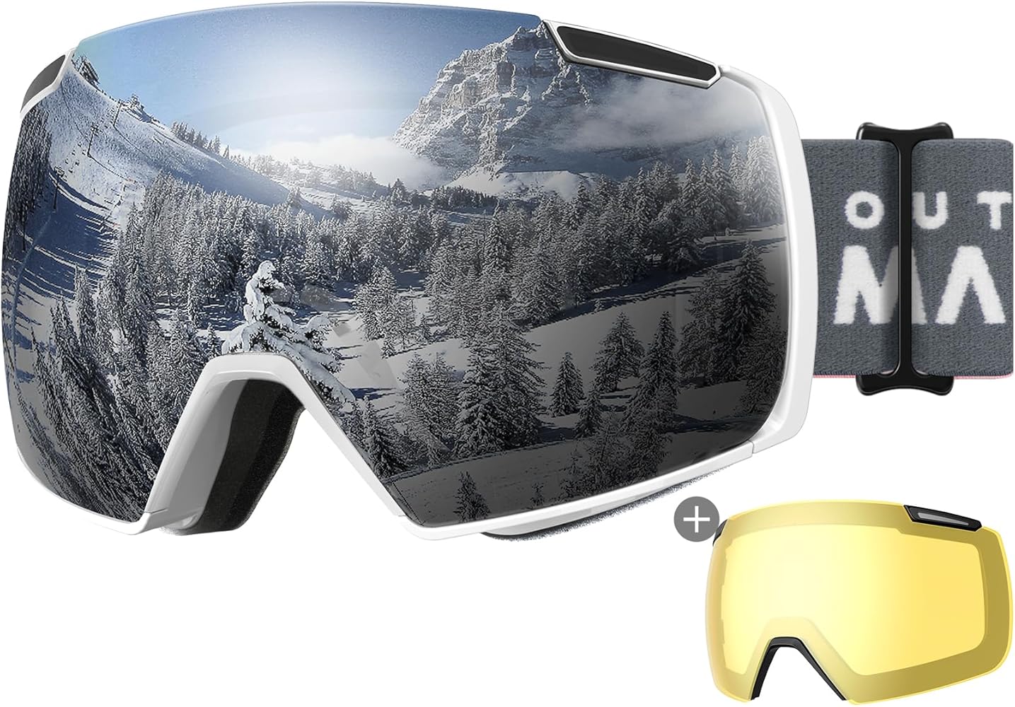 OutdoorMaster Heron Ski Goggles with 2 Lens, Frameless, Magnetic Interchangeable HD Toric Lens, OTG Snowboard Goggles